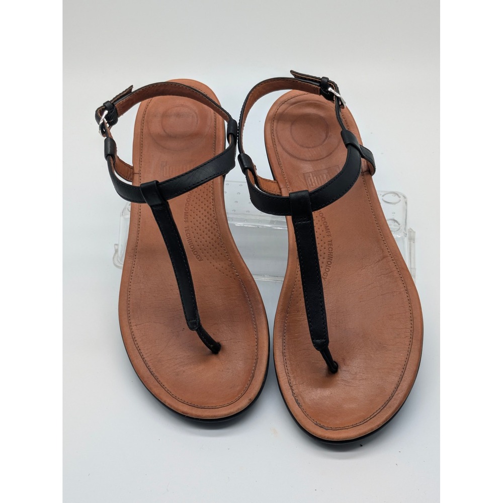 FitFlop Tia T Strap Sandals Womens 7 Black Leather Slingback Comfort